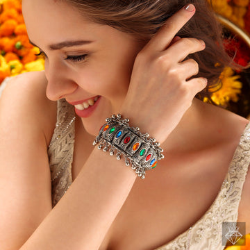 Anti-Tarnish Multi-Colored Crystal Bangle Bracelet with Ghungroo Charms