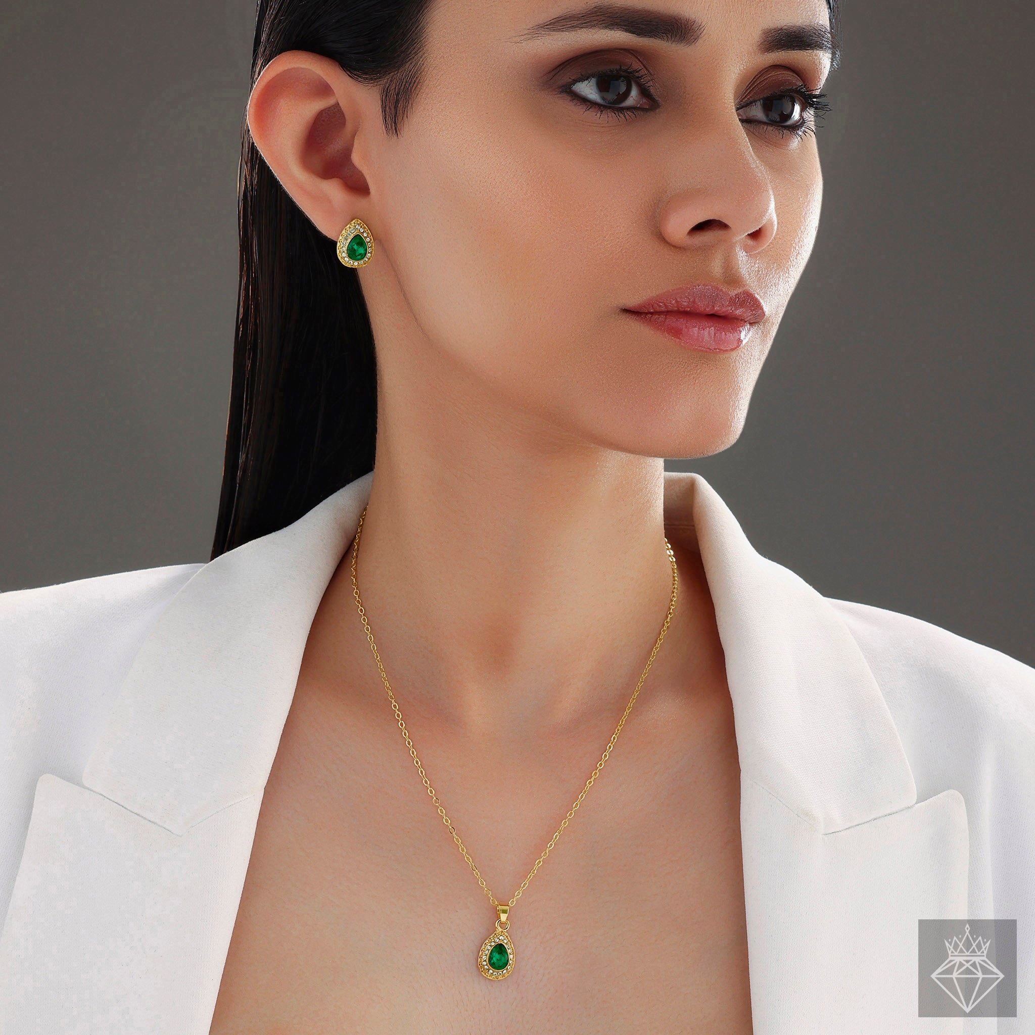 Anti-Tarnish Emerald Crystal Necklace Set With Earrings By PRAO