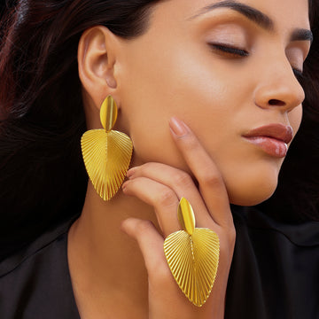 Golden Leaf Textured Statement Danglers By PRAO: Anti-Tarnish