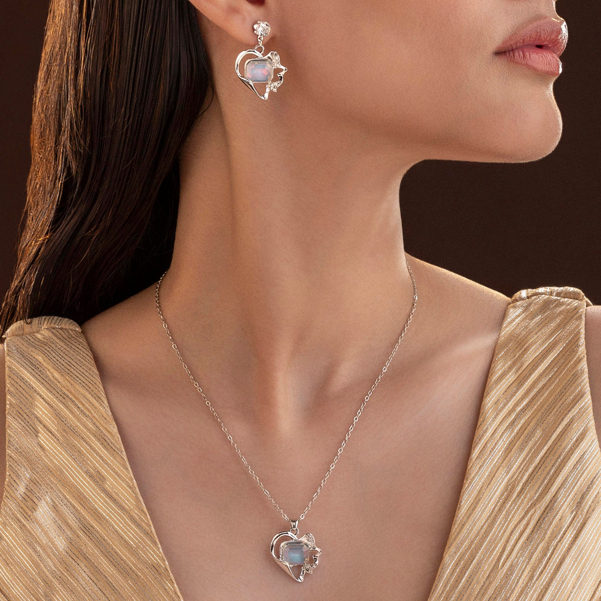 Anti-Tarnish Heart Crystal Pendant Set With Earrings By PRAO