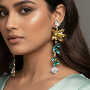 PRAO Anti-Tarnish Flower and Leaf Long Dangle Crystal Earrings