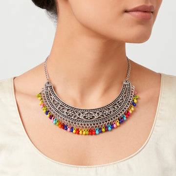 PRAO Necklace Anti-Tarnish Ethnic Statement With Colorful Acrylic Ghungroo Hangings