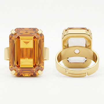 PRAO Ring Anti-Tarnish  Rectangle Shape Light Topaz Crystal (Adjustable Size)