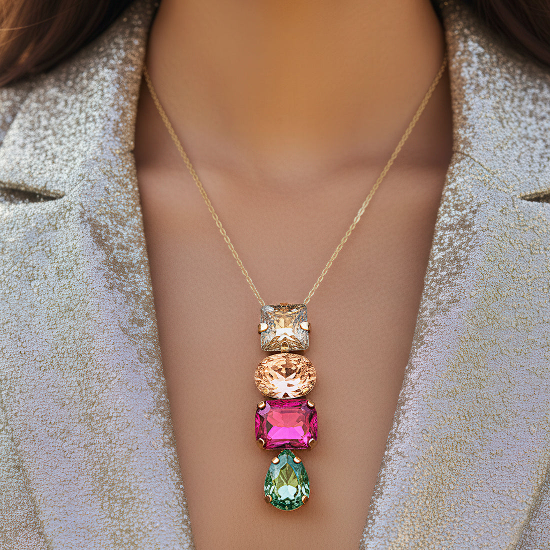 PRAO Anti-Tarnish Multi-Shape & Multi-Colour Premium Crystal Necklace Set With Earrings