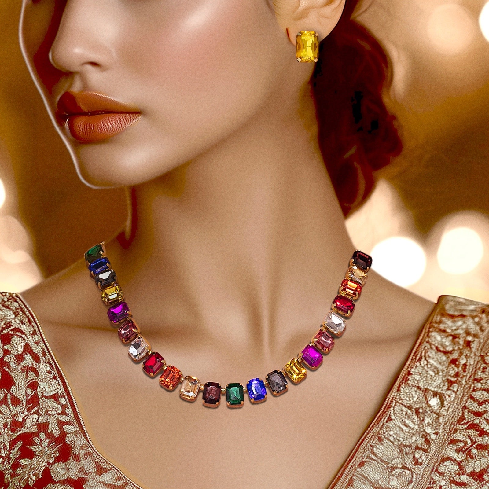 PRAO Multicolour Crystal Necklace Set With Earrings✨