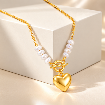 PRAO Necklace Anti-Tarnish Pearl Heart Toggle
