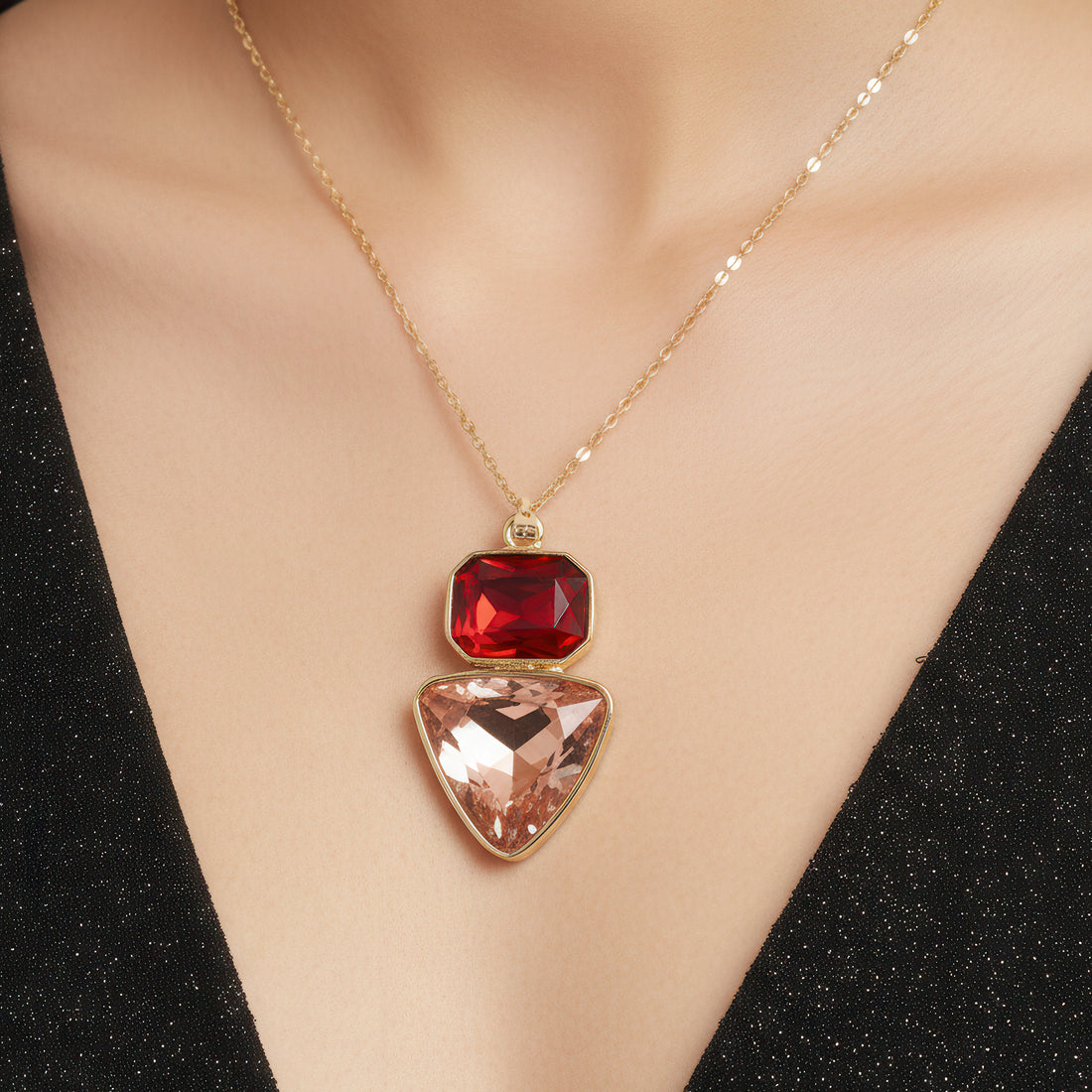 PRAO Anti-Tarnish Rectangle & Triangle Pendant Necklace with Earrings