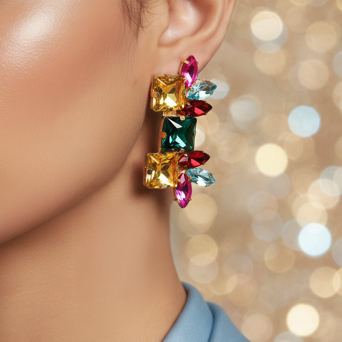 PRAO Anti-Tarnish Multi-Color Linear Statement Earrings