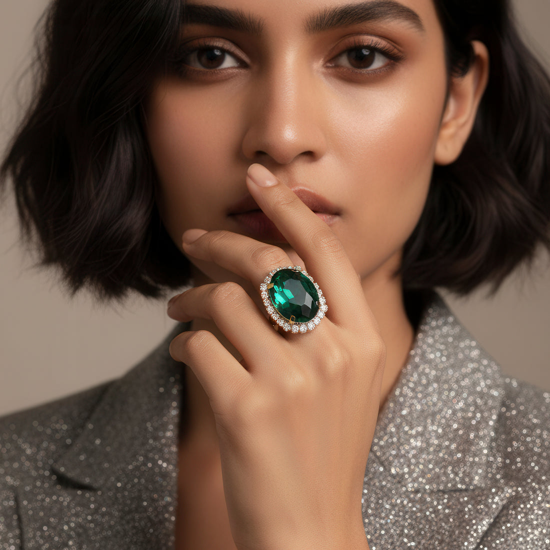 PRAO Anti-Tarnish Oval Crystal Cocktail Ring