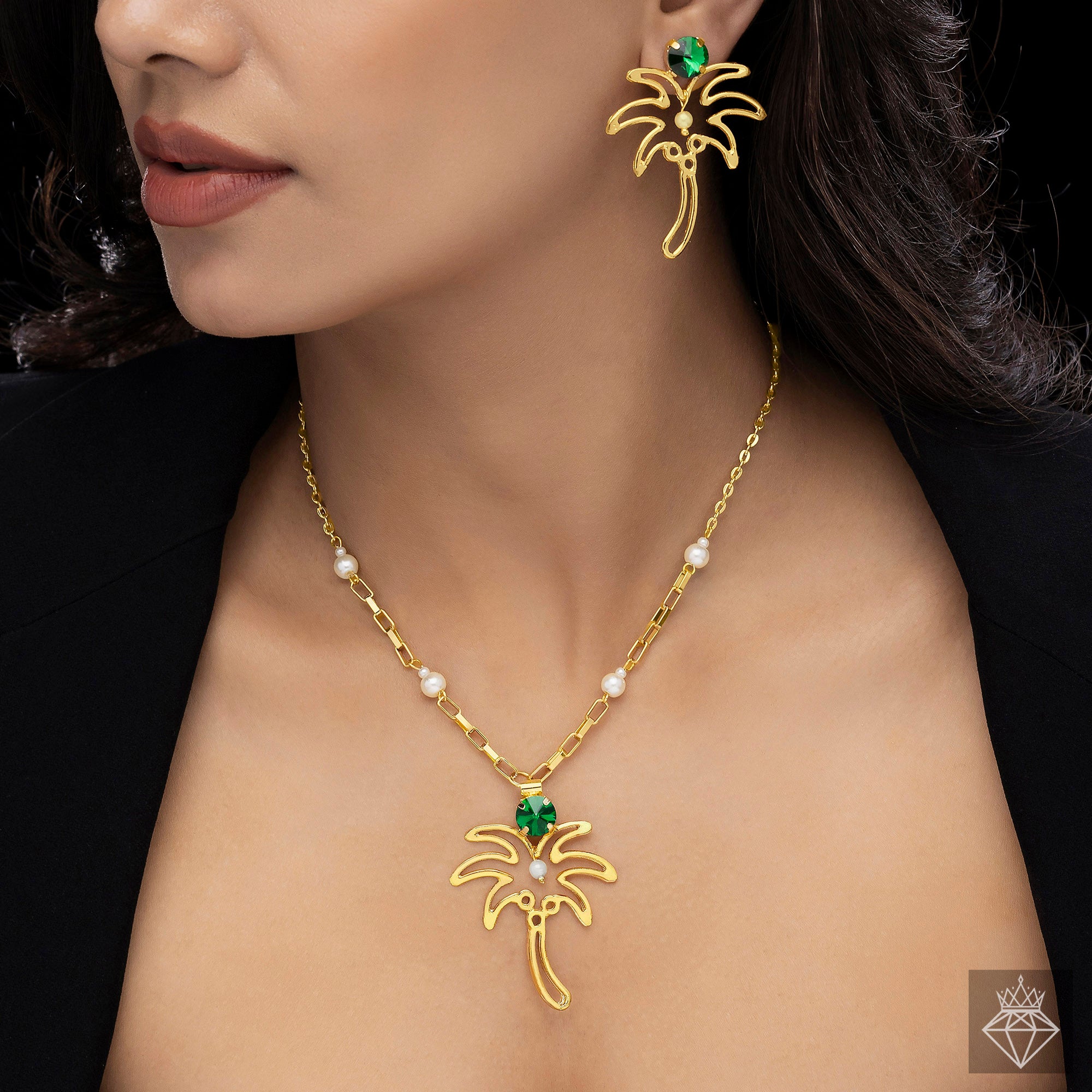 PRAO Anti-Tarnish Palm Tree Necklace Set With Earrings