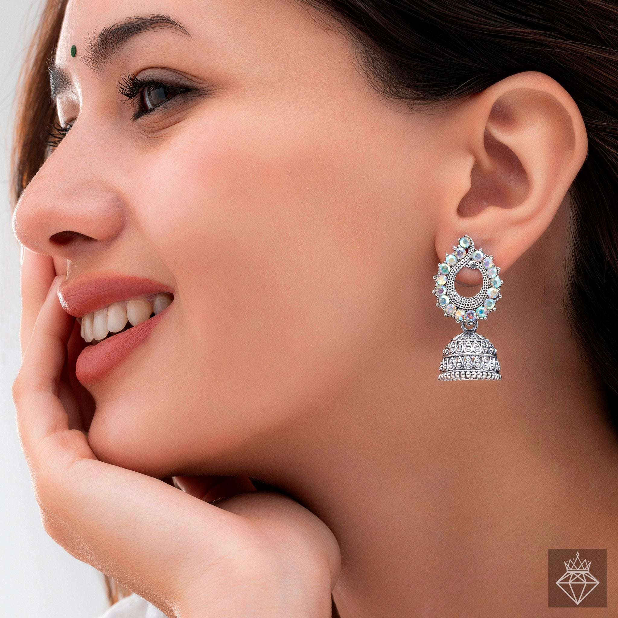 PRAO Vintage Paisley Crystal Oxidized Jhumki