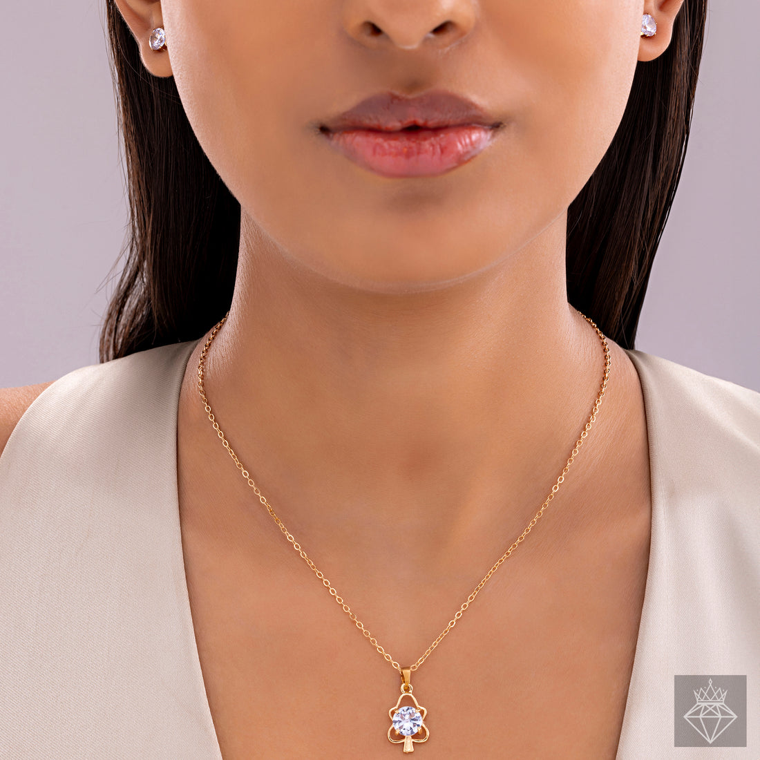PRAO Crystal Solitaire Necklace Set With Earrings
