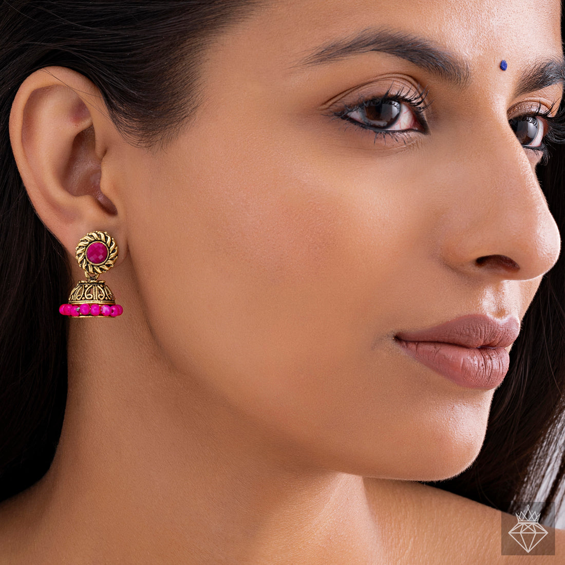 PRAO Pink Miniature Crystal and Bead Jhumki Earrings