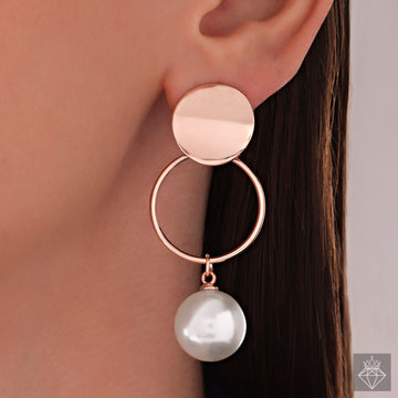 Joyful Glamour: PRAO Metal Plate Rose Gold Danglers With Pearl Accent