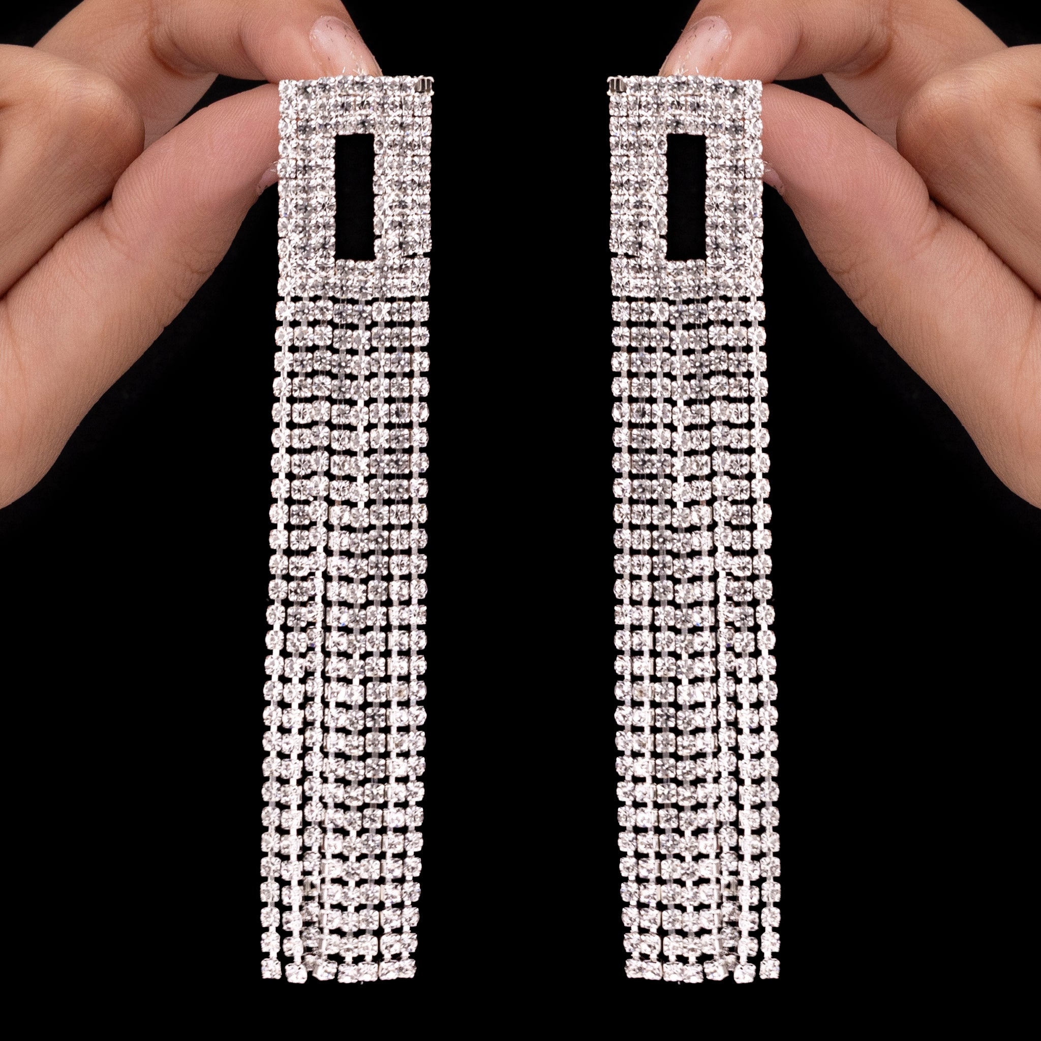 PRAO Anti-Tarnish Hollow Square Rhinestone Tops with Tassels