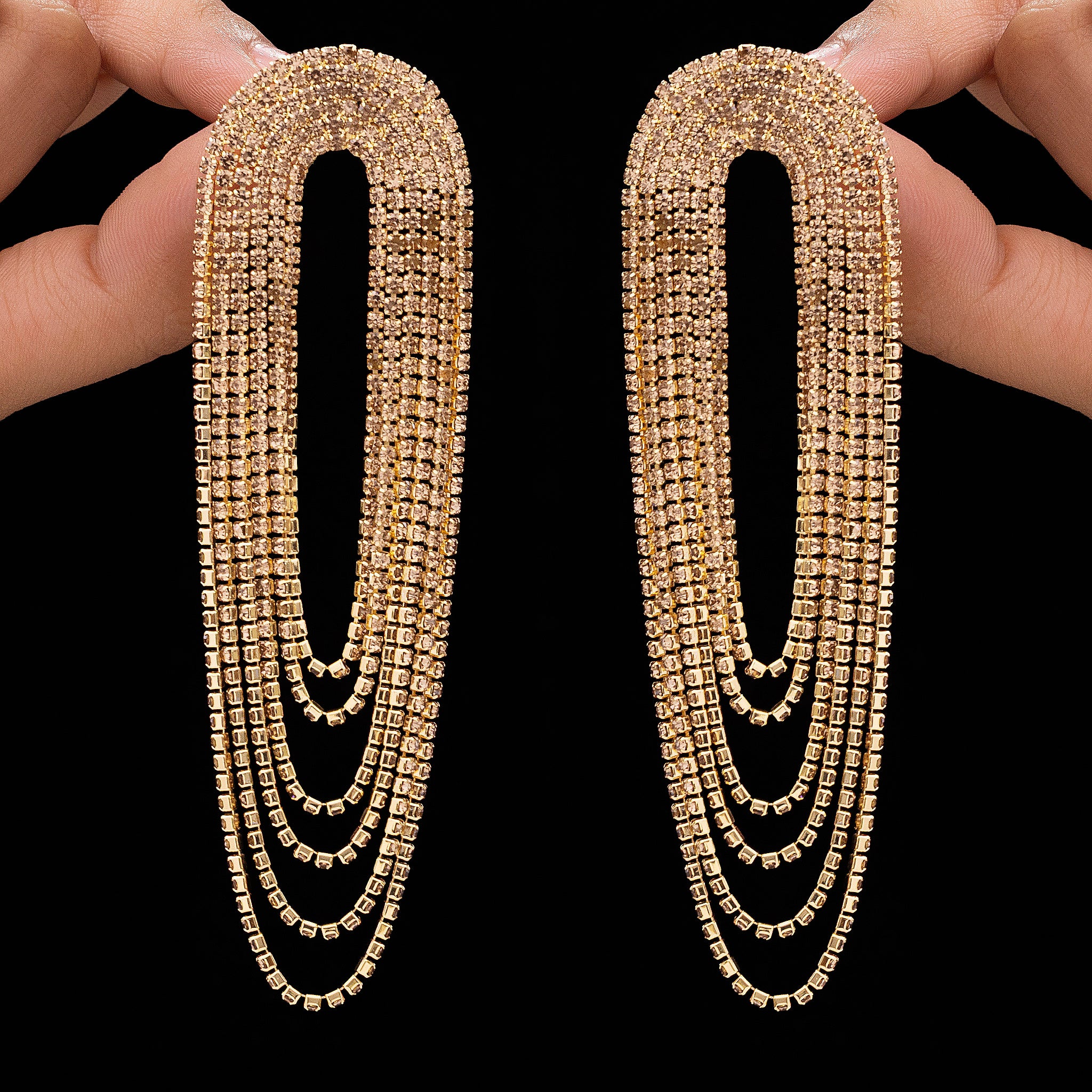 PRAO Anti-Tarnish Golden U-Shaped Rhinestone Dangle Earrings