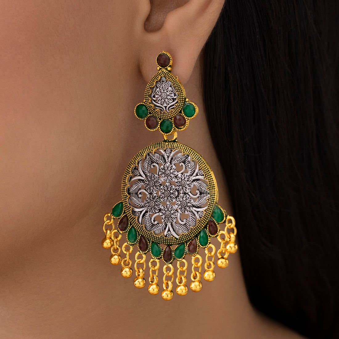 PRAO Anti-Tarnish Dual-Tone Ethnic Statement Earrings with Ghungroos