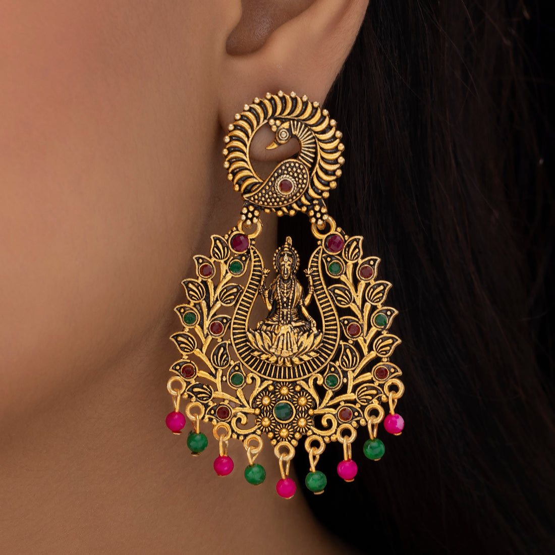 PRAO Anti-Tarnish Goddess Lakshmi Statement Earrings