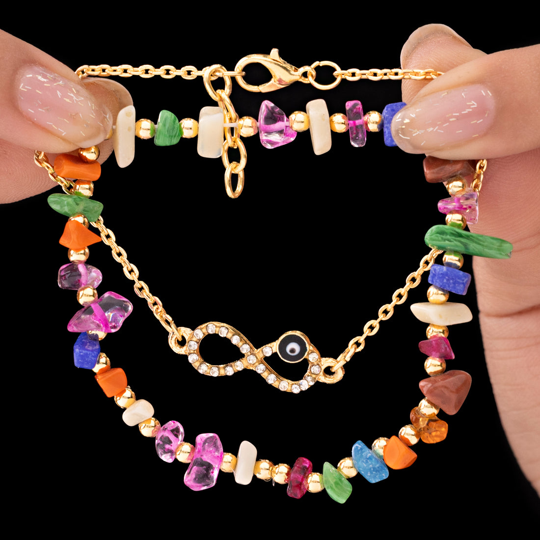 PRAO Anti-Tarnish Bracelet Set with Beads, Studded Infinity & Evil Eye (Adjustable Size)