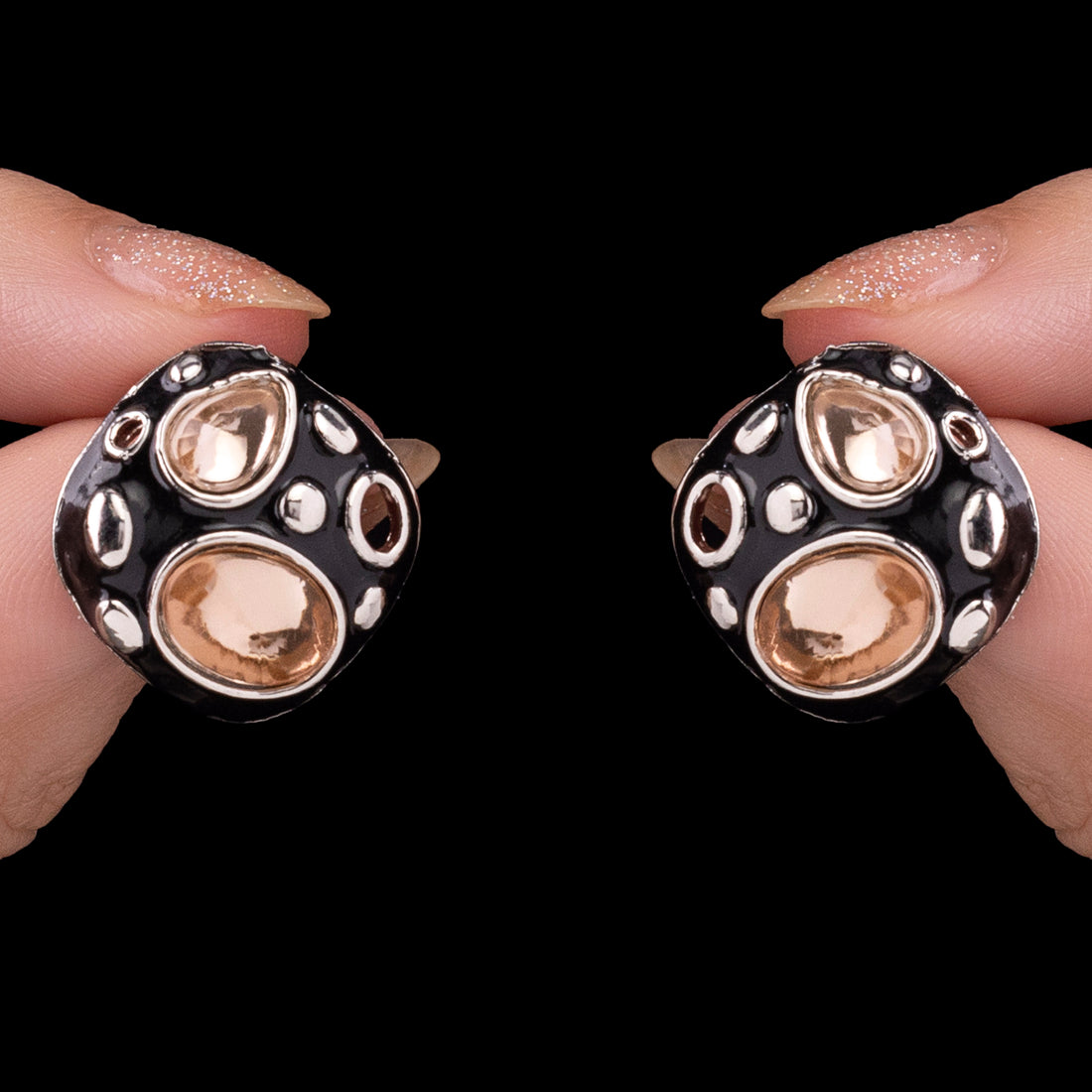 PRAO Anti-Tarnish Black Enamel Mixed Stones Studded Tops