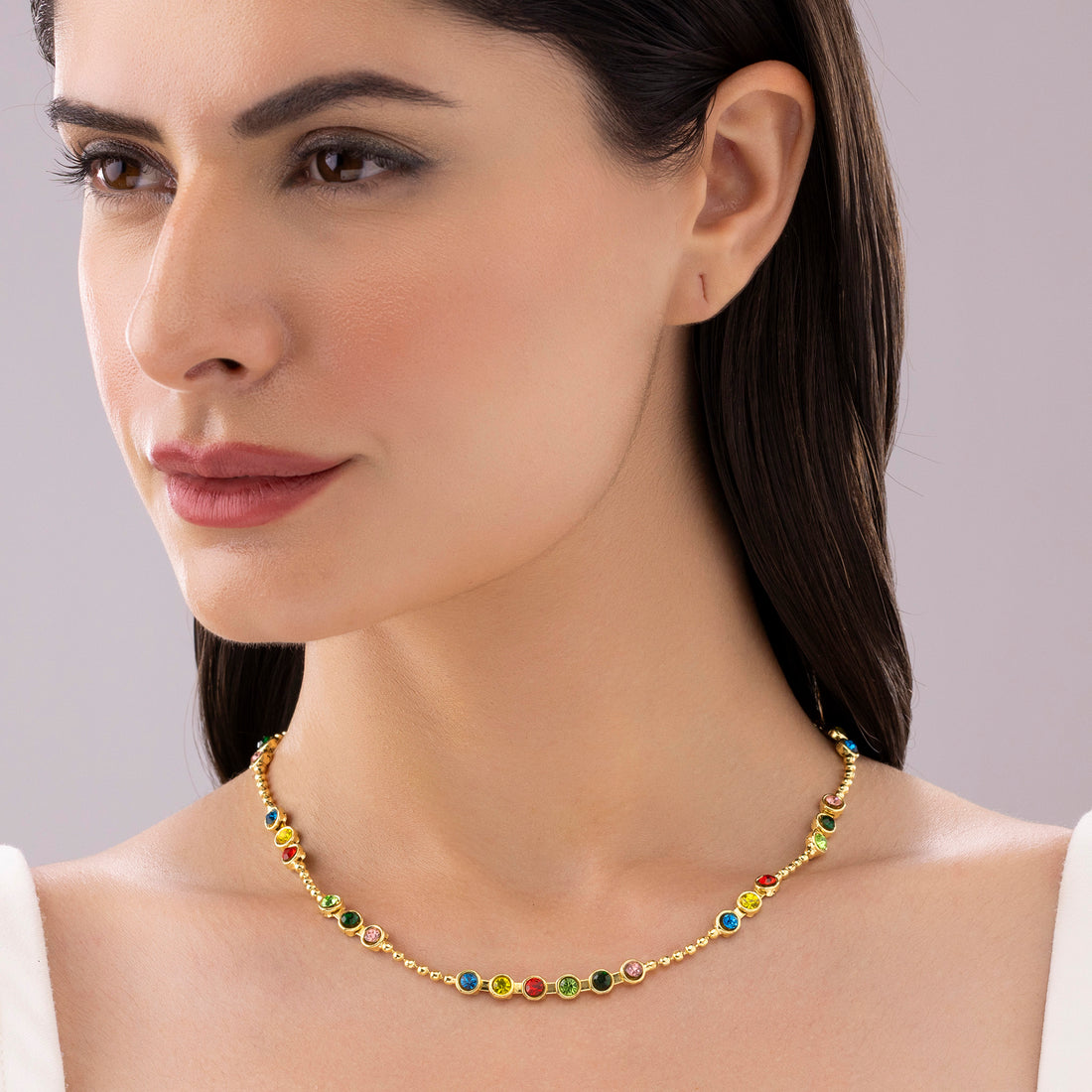 PRAO Anti-Tarnish Multi-Crystals & Ball Chain Single-Line Necklace