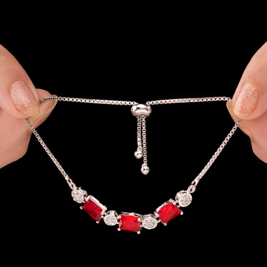 PRAO Anti-Tarnish Ruby Red Crystals Bracelet with AD Stones (Adjustable Size)