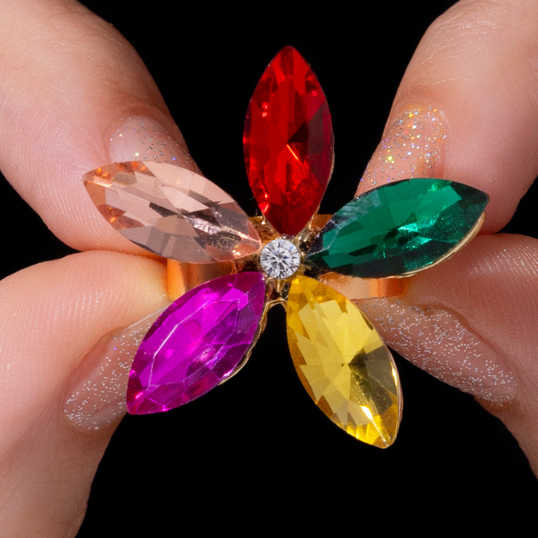 PRAO Anti-Tarnish Multicolour Crystal Flower Ring (Adjustable Size)