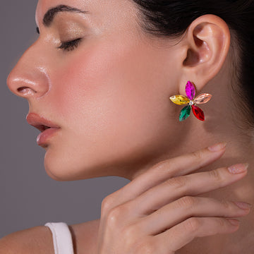 PRAO Earrings Anti-Tarnish Multicolor Crystal Flower Studs