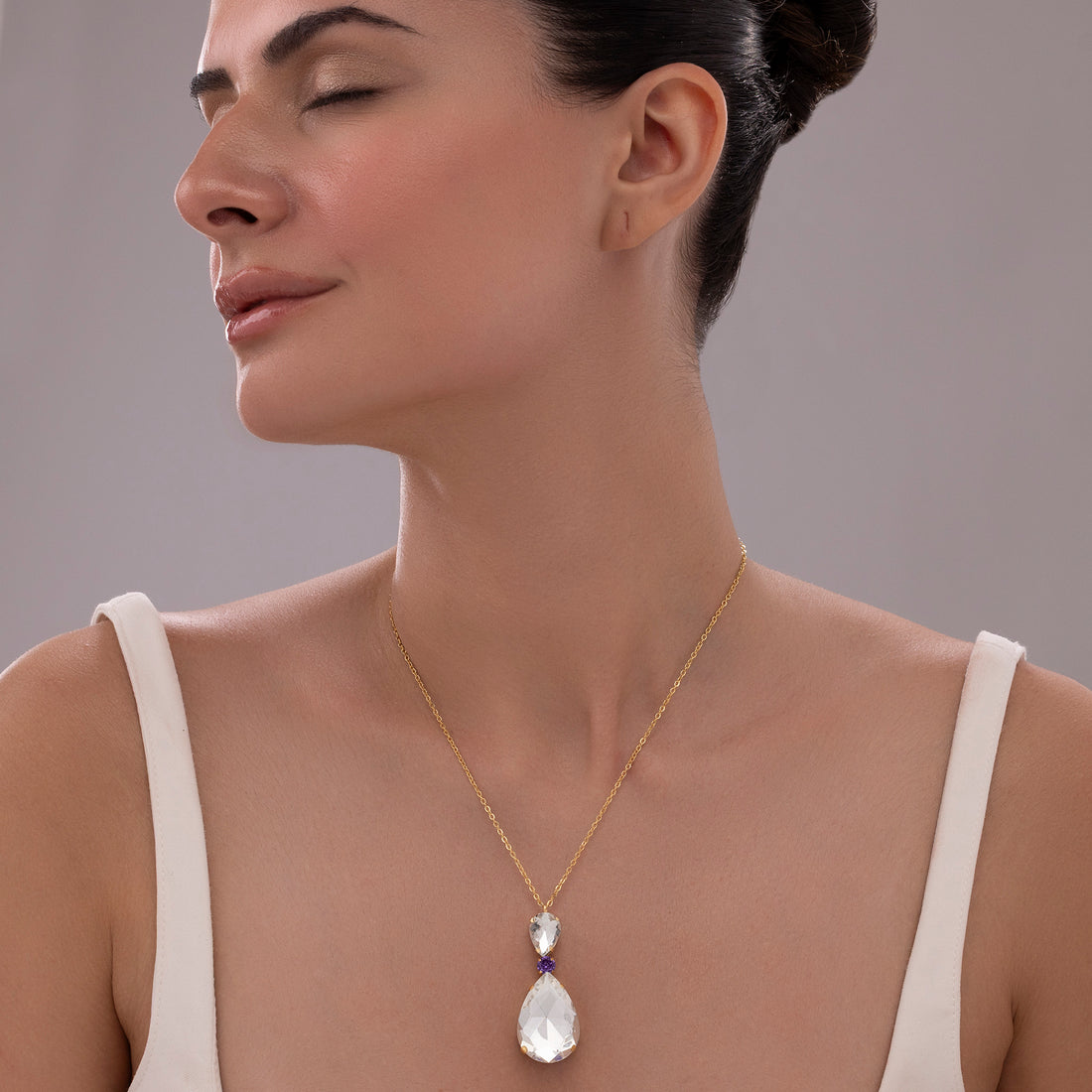 PRAO Anti-Tarnish White Drop Crystal Pendant Necklace