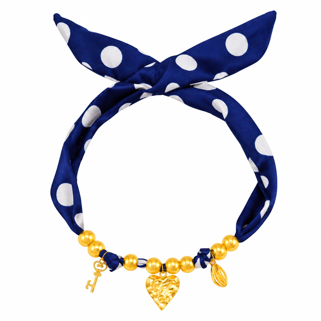 PRAO Scarf Necklace Navy Blue Polka Dot Ribbon Key Heart Cowrie Shell Charms