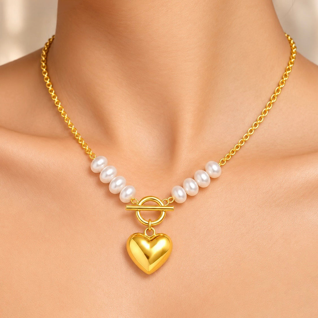 PRAO Necklace Anti-Tarnish Pearl Heart Toggle