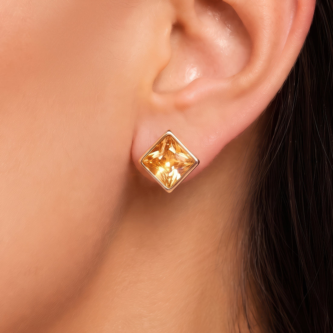 PRAO Earrings Anti-Tarnish Amber Square Crystal