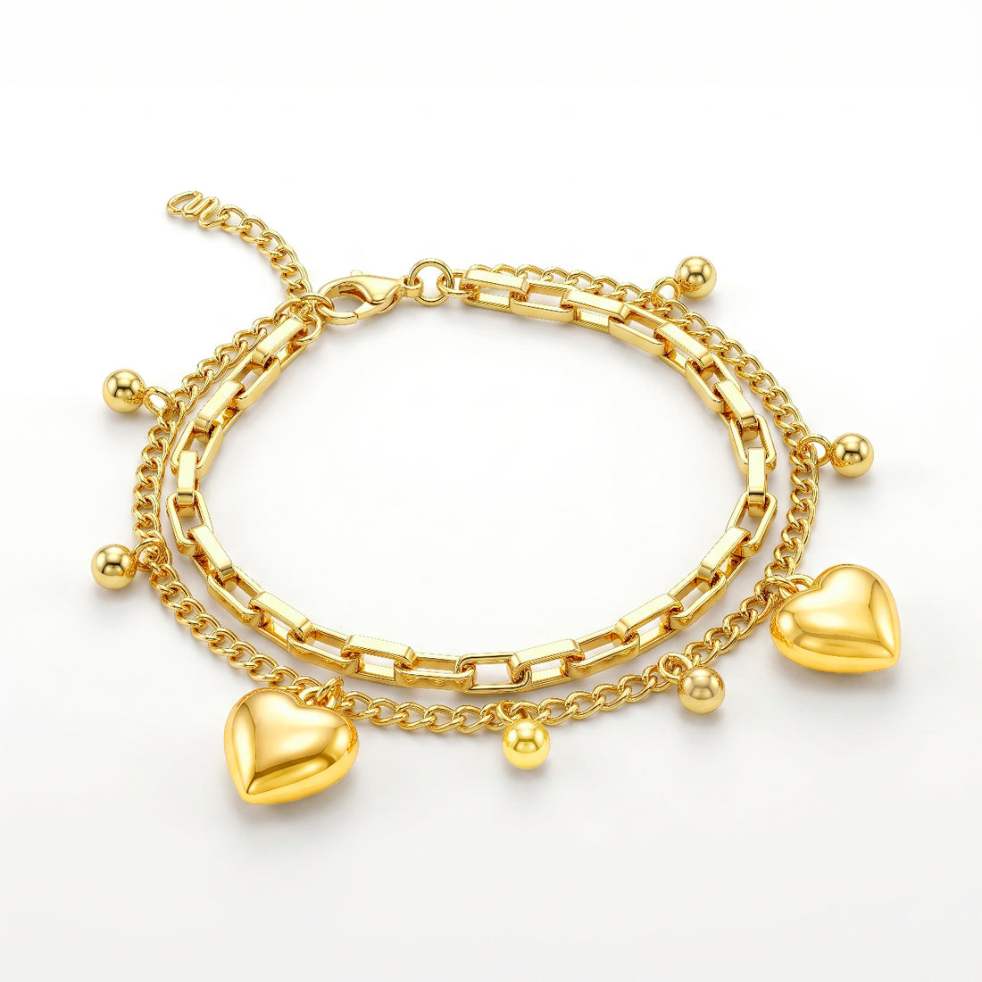 PRAO Bracelet Anti-Tarnish Gold Plated Layered Heart Charms (Adjustable Size)