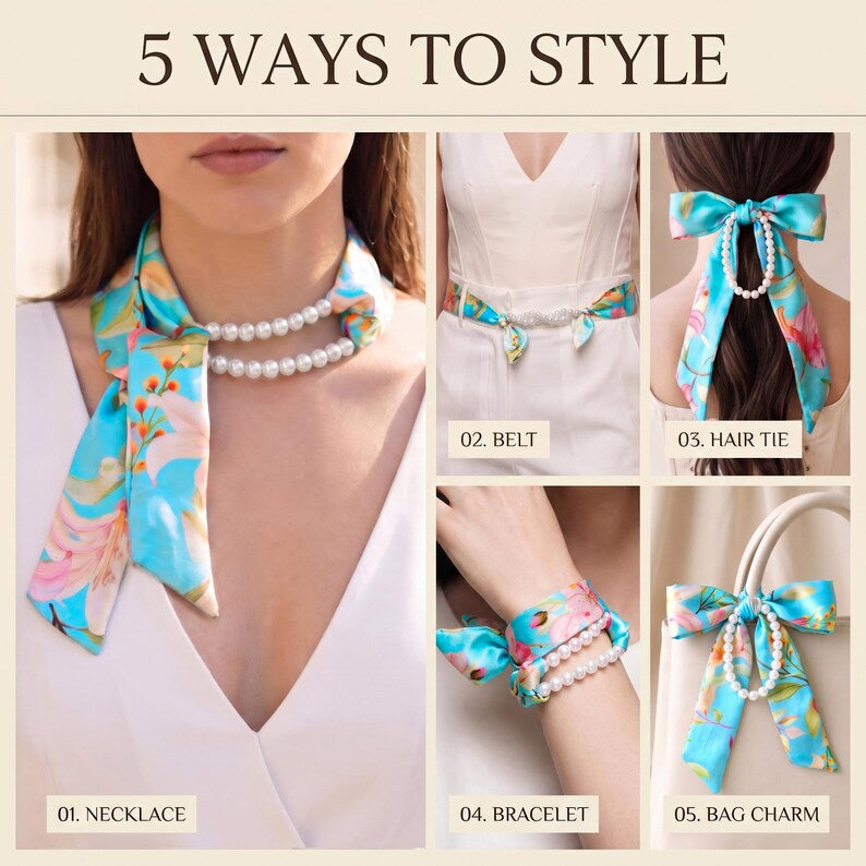 5-in-1 Satin & Pearl Set: Necklace, Bracelet, Hair Tie, Waist Belt & Bag Charm