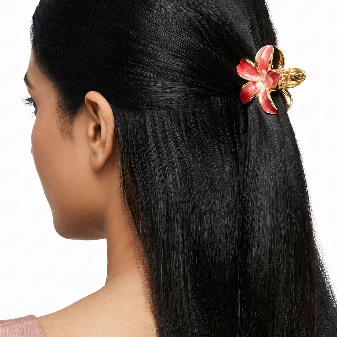 PRAO Hair Claw Clip Anti-Tarnish Dark Pink Five Petal Enamel Flower Pin