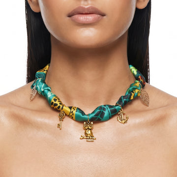 PRAO Necklace Cum Bracelet Anti-Tarnish Turquoise And Yellow Patterned Fabric Choker With Key, Owl, Leaf And Anchor Charms