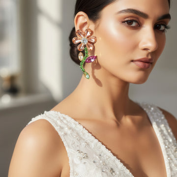 PRAO Anti-Tarnish Multicoloured Crystal Flower Earrings