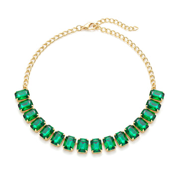 PRAO Necklace Anti-Tarnish Emerald Rectangle Crystal Single-Line