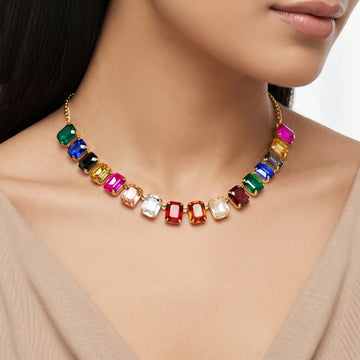 PRAO Necklace Anti-Tarnish Multicolor Emerald-Cut Crystal Single-Line