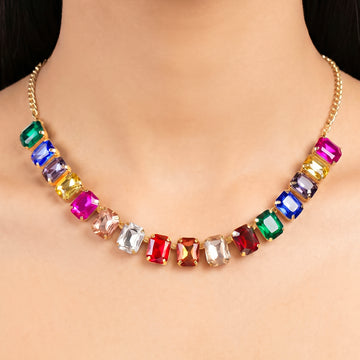 PRAO Necklace Anti-Tarnish Multicolor Emerald-Cut Crystal Single-Line