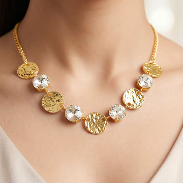 PRAO Necklace Anti-Tarnish Hammered Gold Plated Coins & Crystals Statement Set