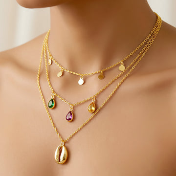 PRAO Necklace Anti-Tarnish Gold Plated Multilayered Crystal Charms