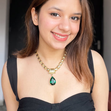 PRAO Necklace Anti-Tarnish Gold Plated Emerald Drop