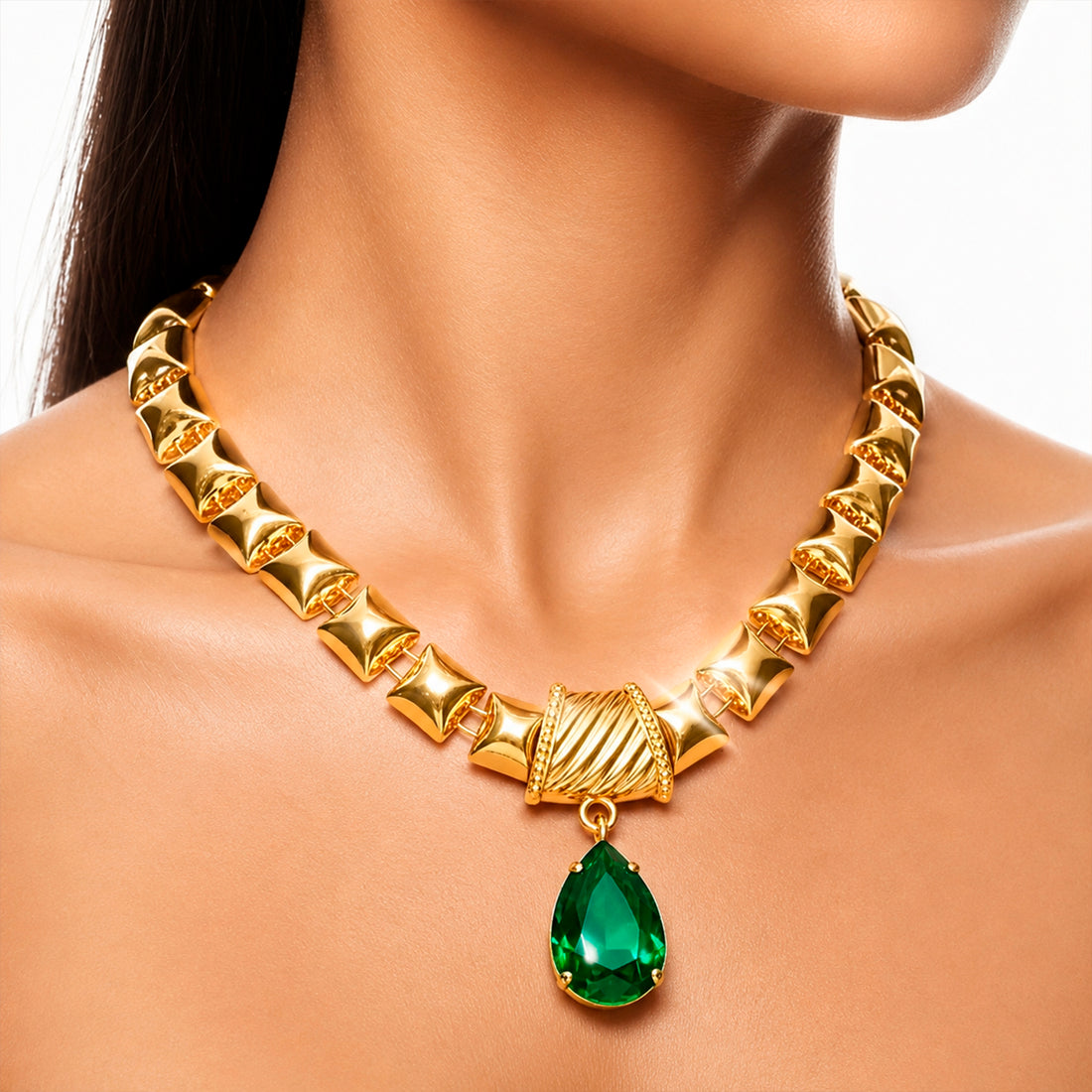 PRAO Necklace Anti-Tarnish Gold Plated Emerald Drop