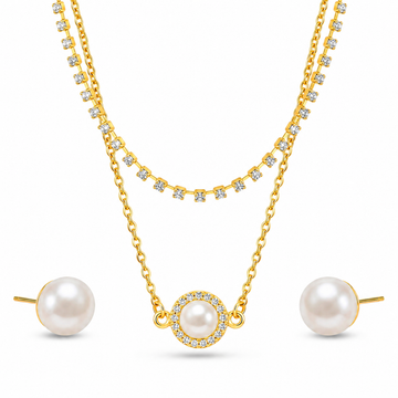 PRAO Necklace Anti-Tarnish Gold Plated Double Layered Pearl Set With Earrings