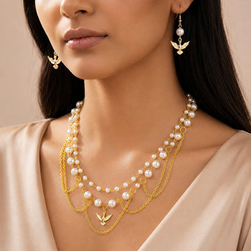 PRAO Necklace Anti-Tarnish Pearls & Bird Set With Earrings