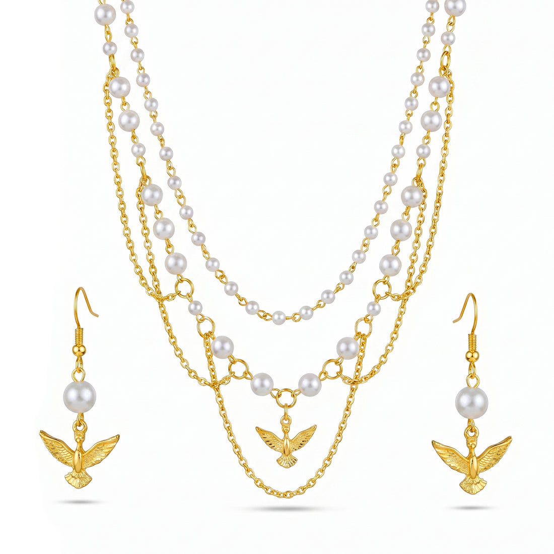 PRAO Necklace Anti-Tarnish Pearls & Bird Set With Earrings