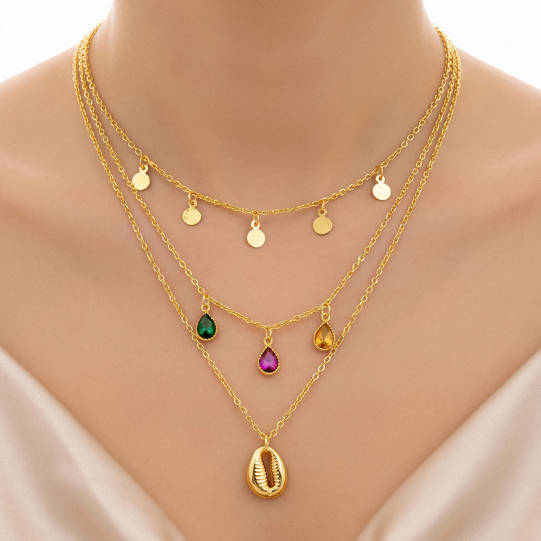 PRAO Necklace Anti-Tarnish Gold Plated Multilayered Crystal Charms