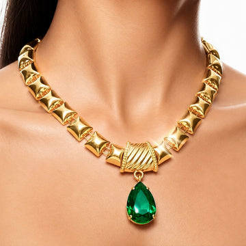PRAO Necklace Anti-Tarnish Gold Plated Emerald Drop