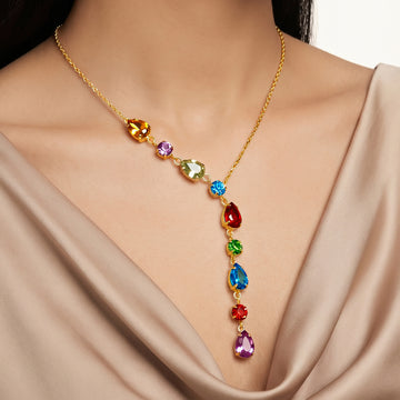 PRAO Necklace Anti-Tarnish Gold Plated Multi-Coloured Crystals Set